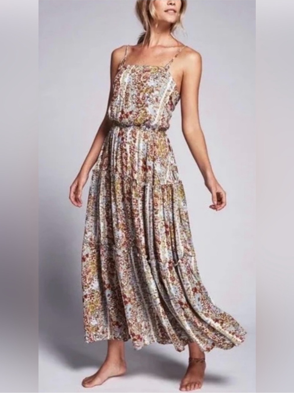 FREE PEOPLE VALARIE Floral Tiered Maxi Dress w/Braided Spaghetti Straps Size:Lg